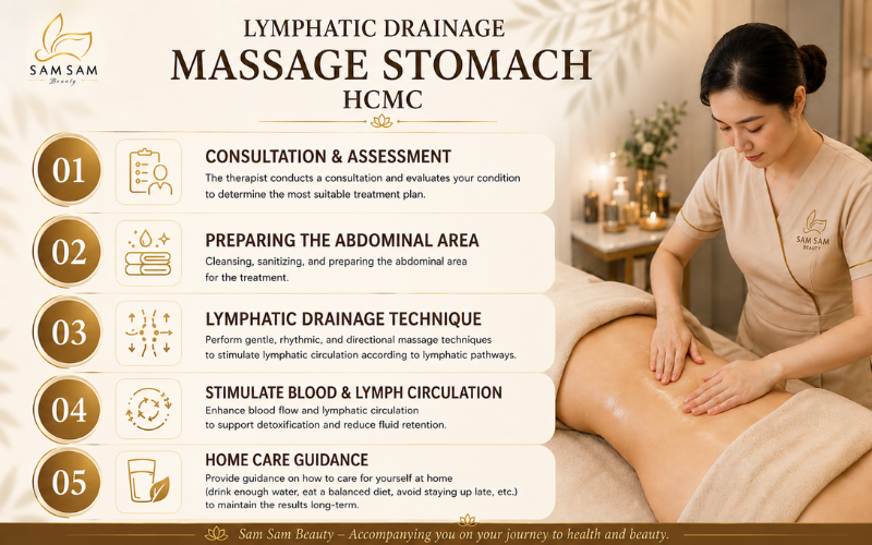 Lymphatic drainage massage process for the stomach at Sam Sam Beauty in HCMC, reducing bloating and supporting lymphatic flow