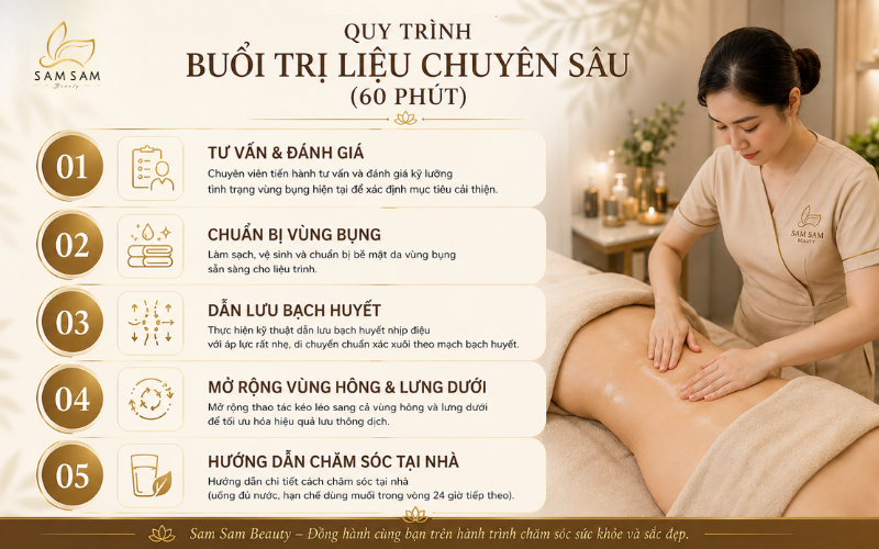 Quy trình massage bạch huyết bụng tại Sam Sam Beauty TPHCM giúp dẫn lưu bạch huyết và giảm phù nề bụng hiệu quả 