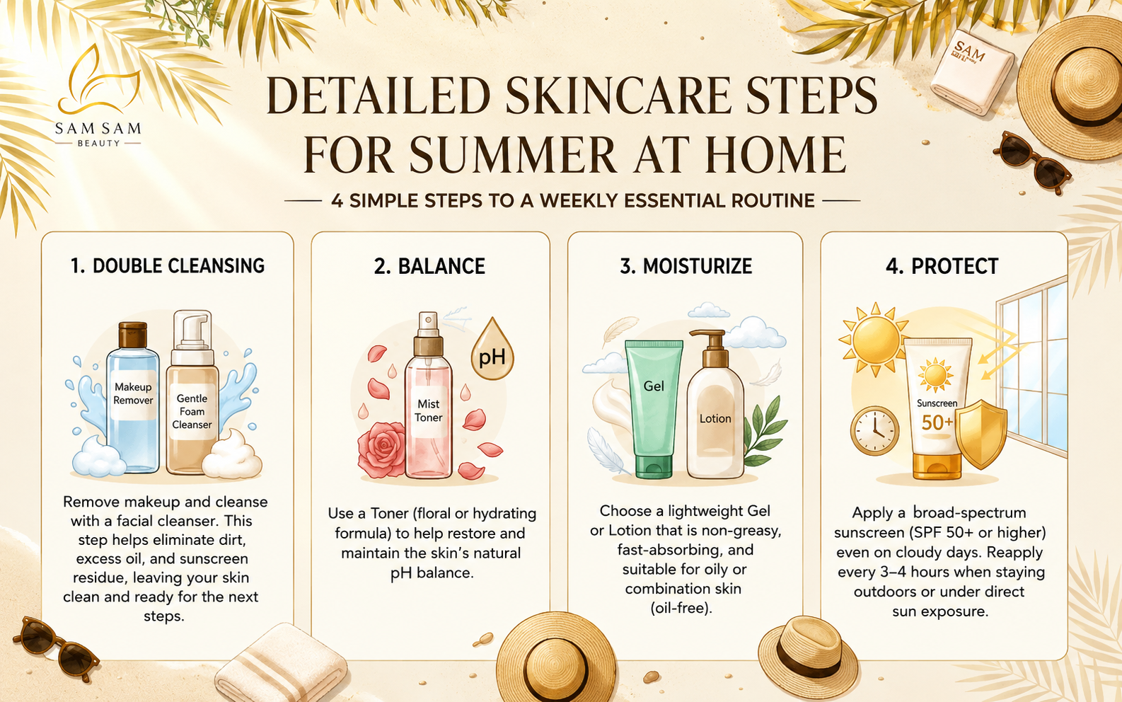 Visual guide outlining the core skincare summer tips for sebum control and UV protection.