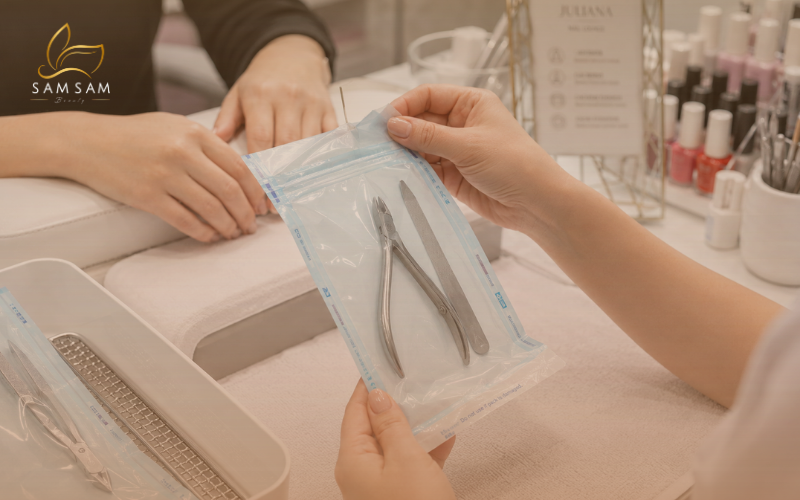 Sterilized nail tools in a sealed pouch, a sign of a safe nail salon