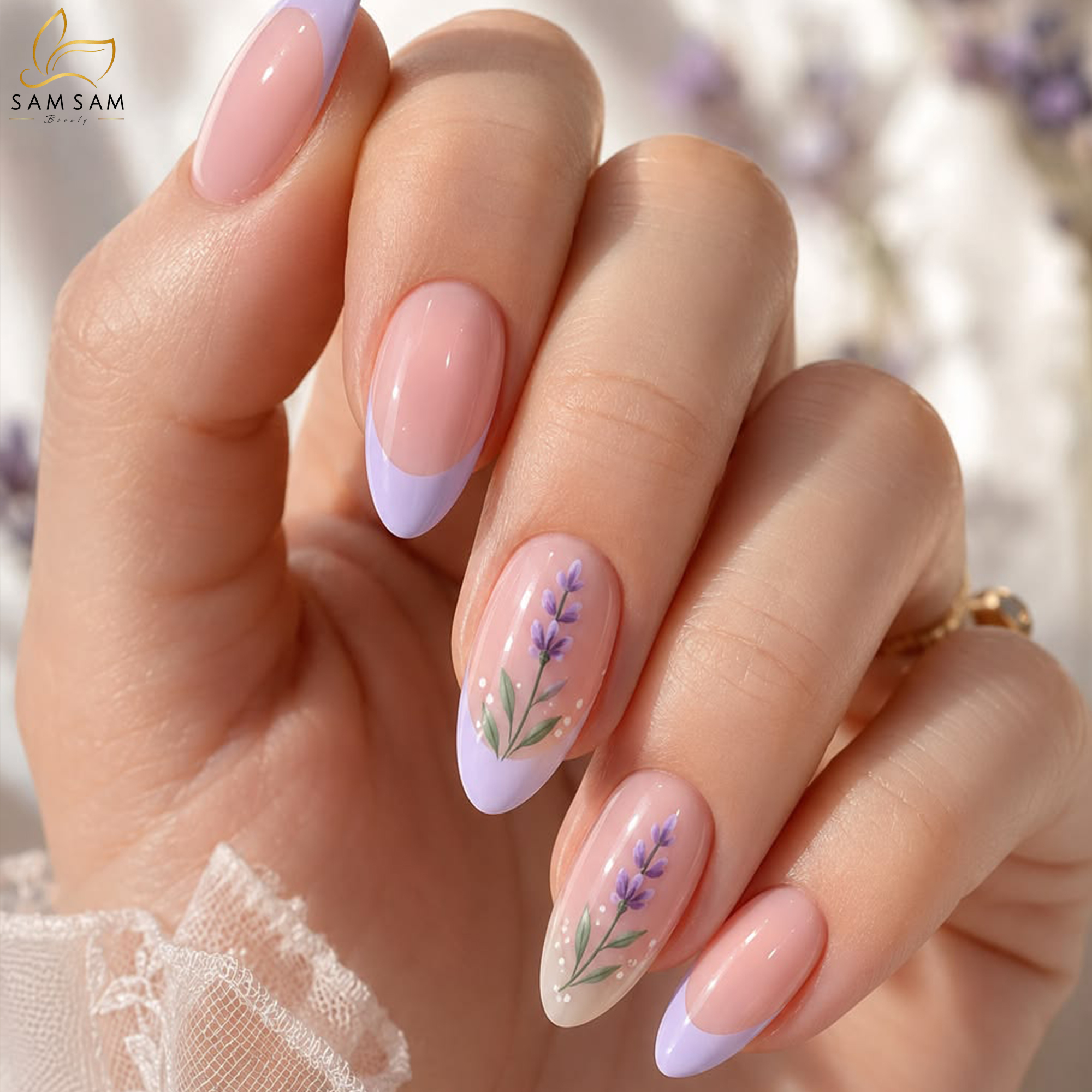 Nail pastel tím lavender vẽ viền French đầu móng