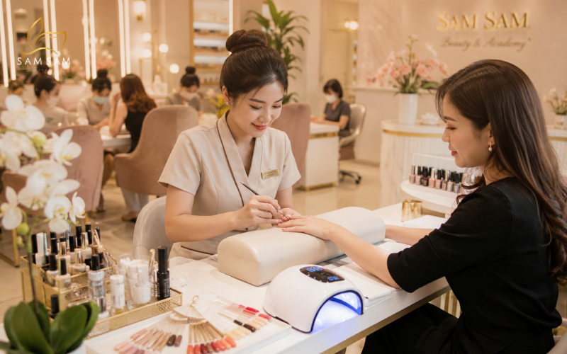 Nail technician làm việc tại salon sau khi hoàn thành đào tạo nail