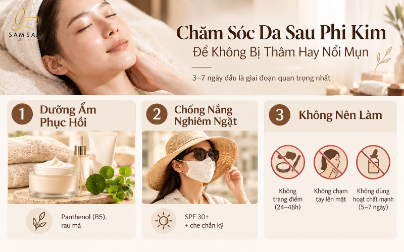 Hướng dẫn cách chăm sóc da mặt sau khi phi kim bằng kem phục hồi B5 và chống nắng vật lý.