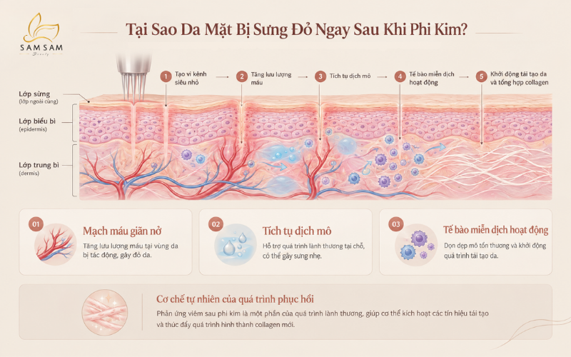 Sơ đồ mô phỏng phản ứng viêm sinh lý giúp kích thích sản sinh collagen mới trên da mặt sau phi kim.