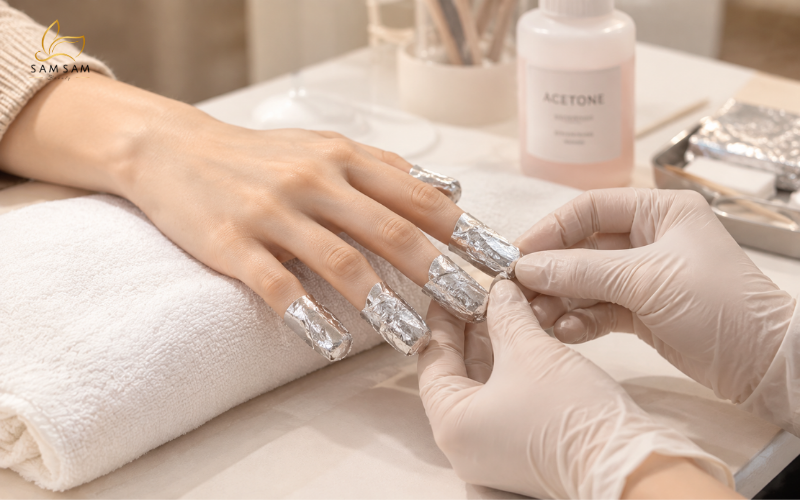 Damage-free acetone soak-off process for removing gel polish from weak nails at the salon