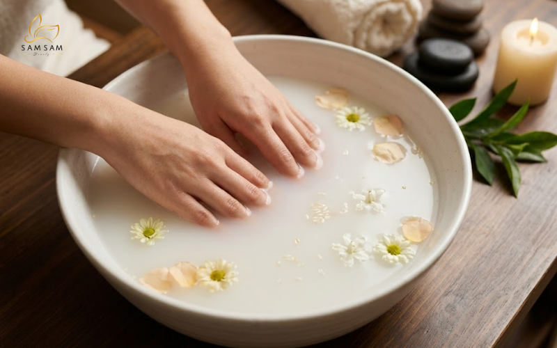Liệu trình Deluxe Manicure chăm sóc phục hồi móng yếu với bước ngâm tay sữa gạo