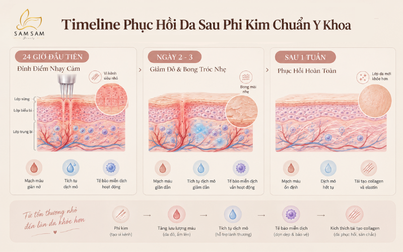 Timeline chi tiết các giai đoạn giảm sưng, hết đỏ và bong mài nhẹ của da mặt sau phi kim.