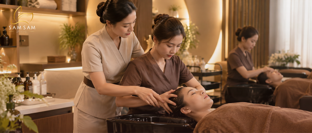 Giảng viên Sam Academy hướng dẫn học viên học gội đầu dưỡng sinh 1 kèm 1