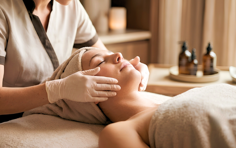 Kỹ thuật viên Sam Sam Beauty quan sát nền da khách trước buổi phi kim nano