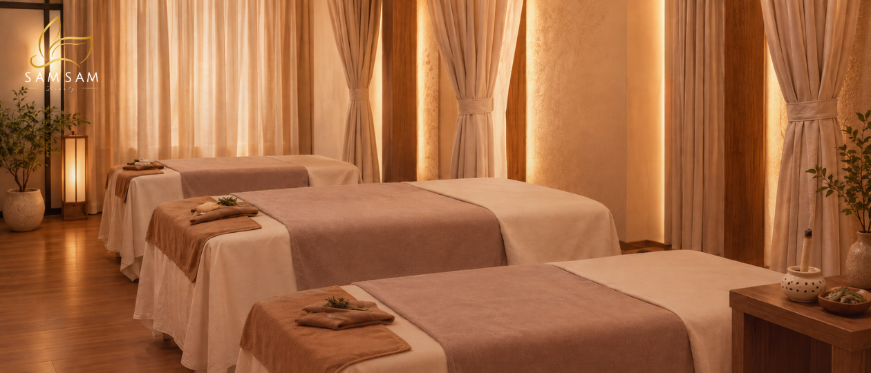 Phòng trị liệu Mộc Hỏa Hương Cứu ấm áp tại Sam Sam Beauty với giường massage và chậu ngâm chân ngải cứu