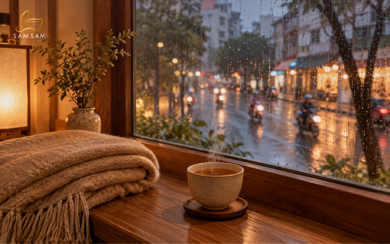 Cửa sổ nhìn ra phố Sài Gòn trong cơn mưa chiều với tách trà ấm trên bệ cửa